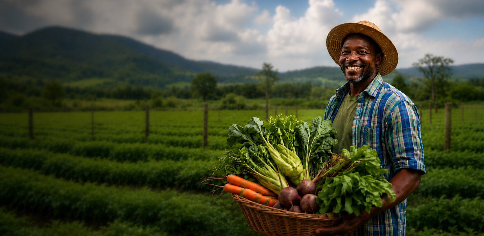 Smiling farmer holding fresh greens in a green field
